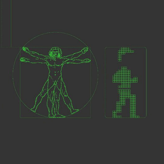 A green on black representation of the evolution of illustrating the human figure, from rock paintings, to hieroglyphics, to The Vitruvian Man and finally an 8-bit style player from 1980s computer games.