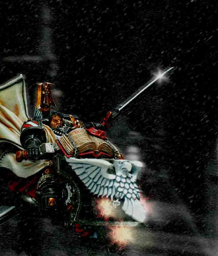 A Warhammer 40,000 Dark Angel, Sammael miniature with digital effects applied.