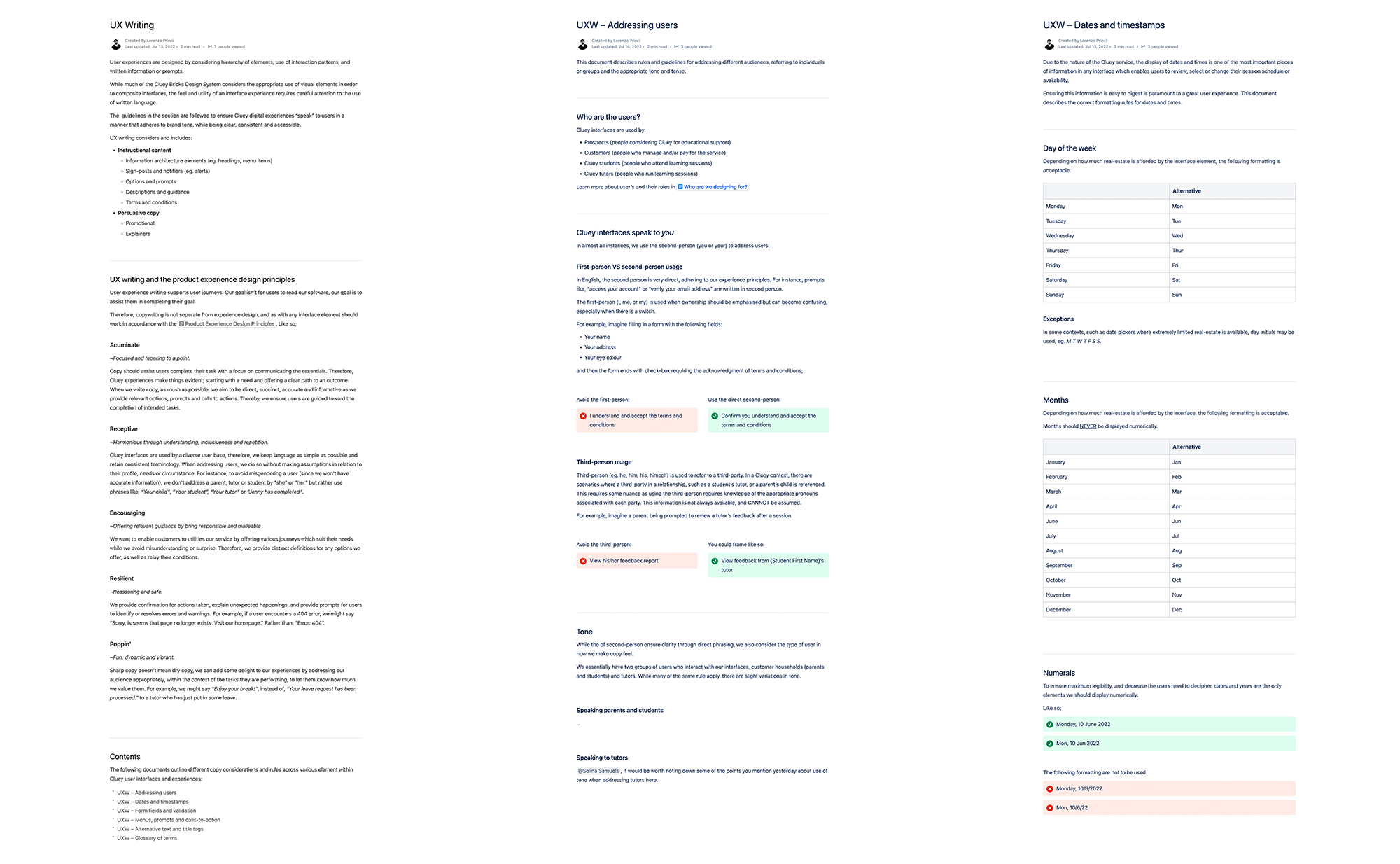 Cluey Learning UX Writing documentation