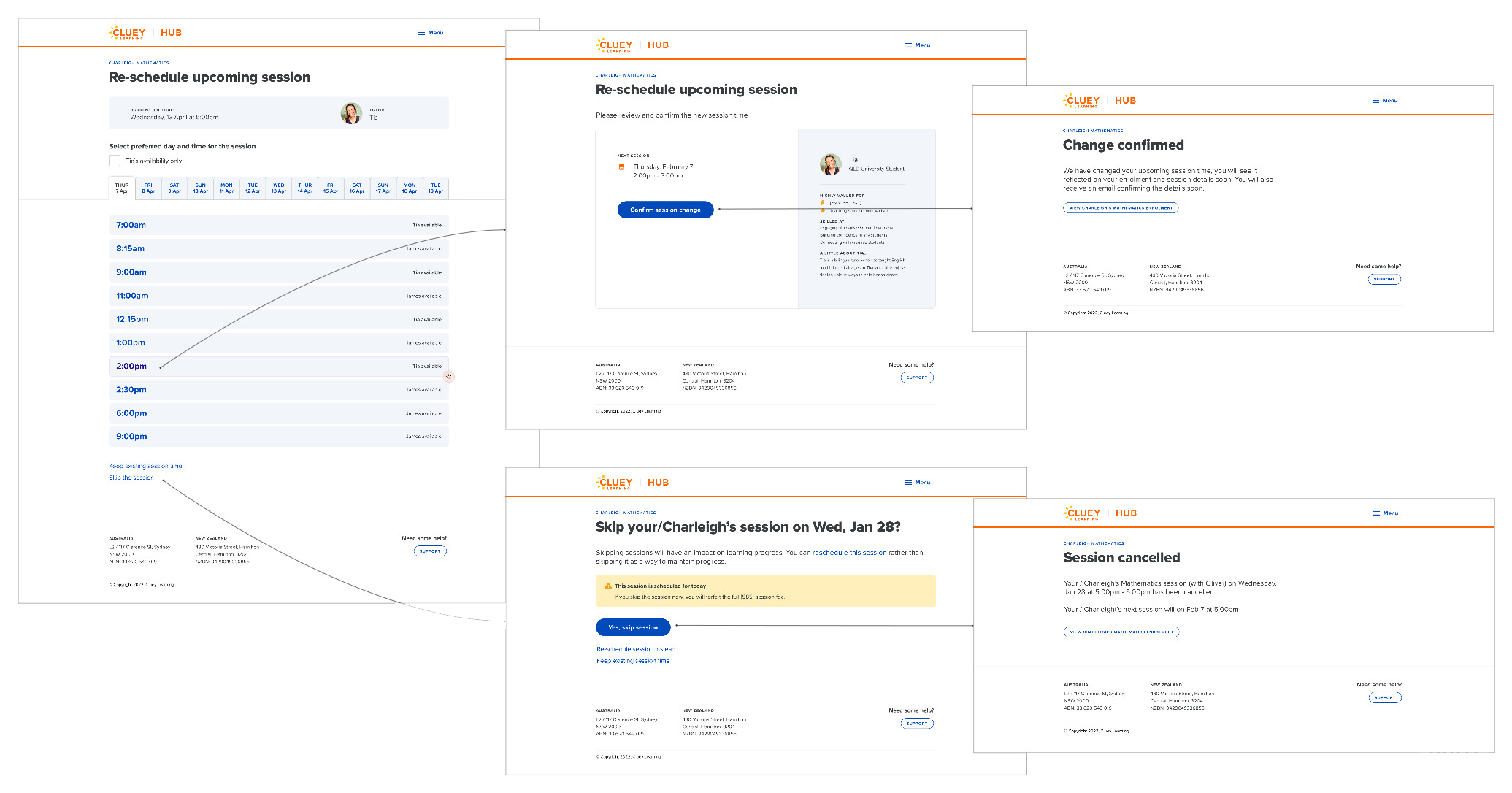 Cluey Learning Customer Hub re-schedule session flow mockup