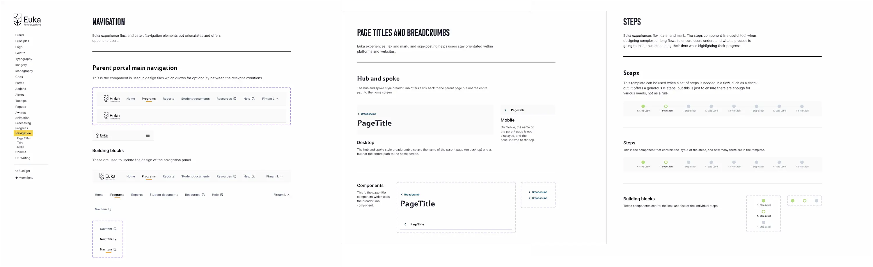 Screenshots from the navigation pages from the Euka Bark Figma Library.