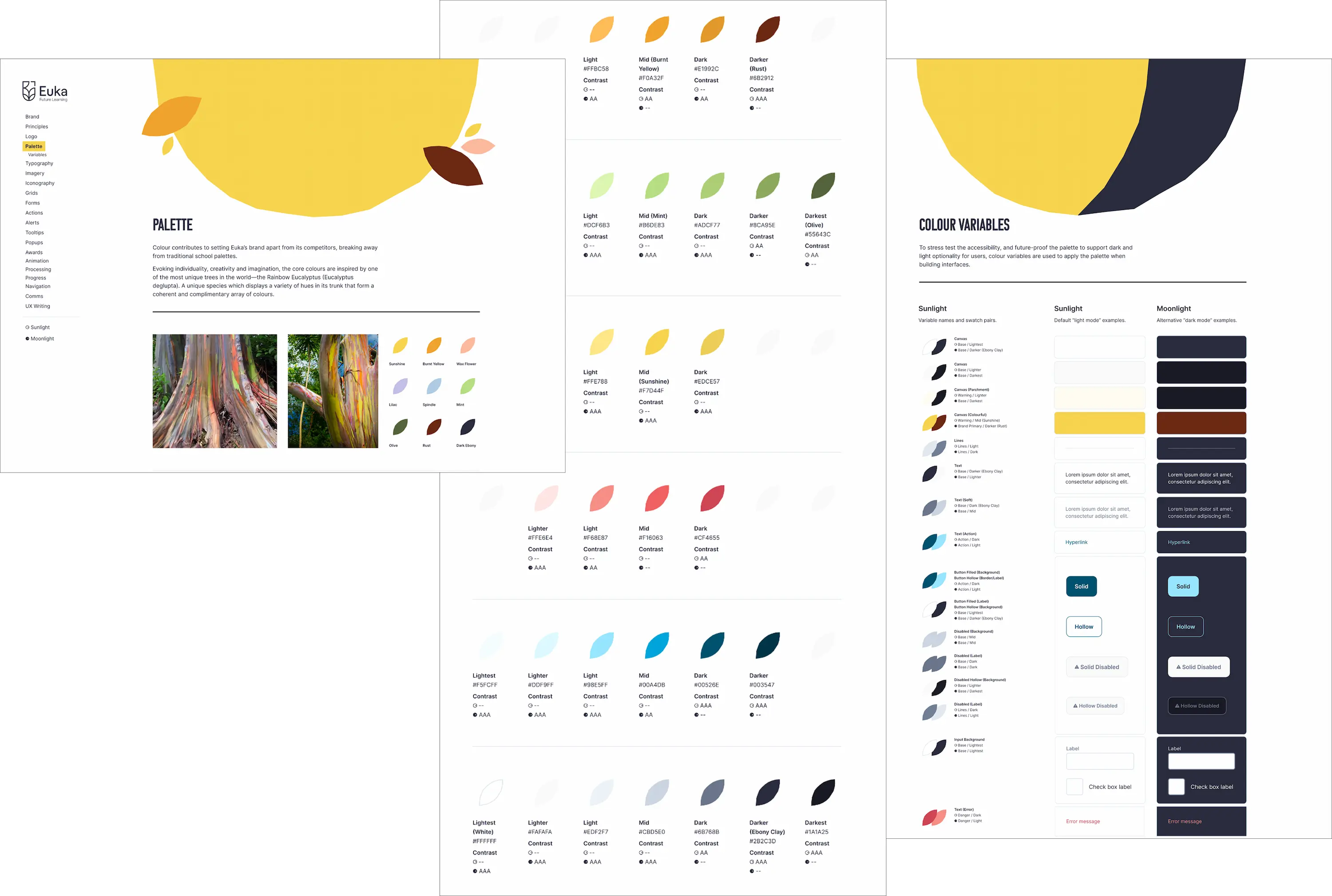 Screenshots from the colour palette pages from the Euka Bark Figma Library.
