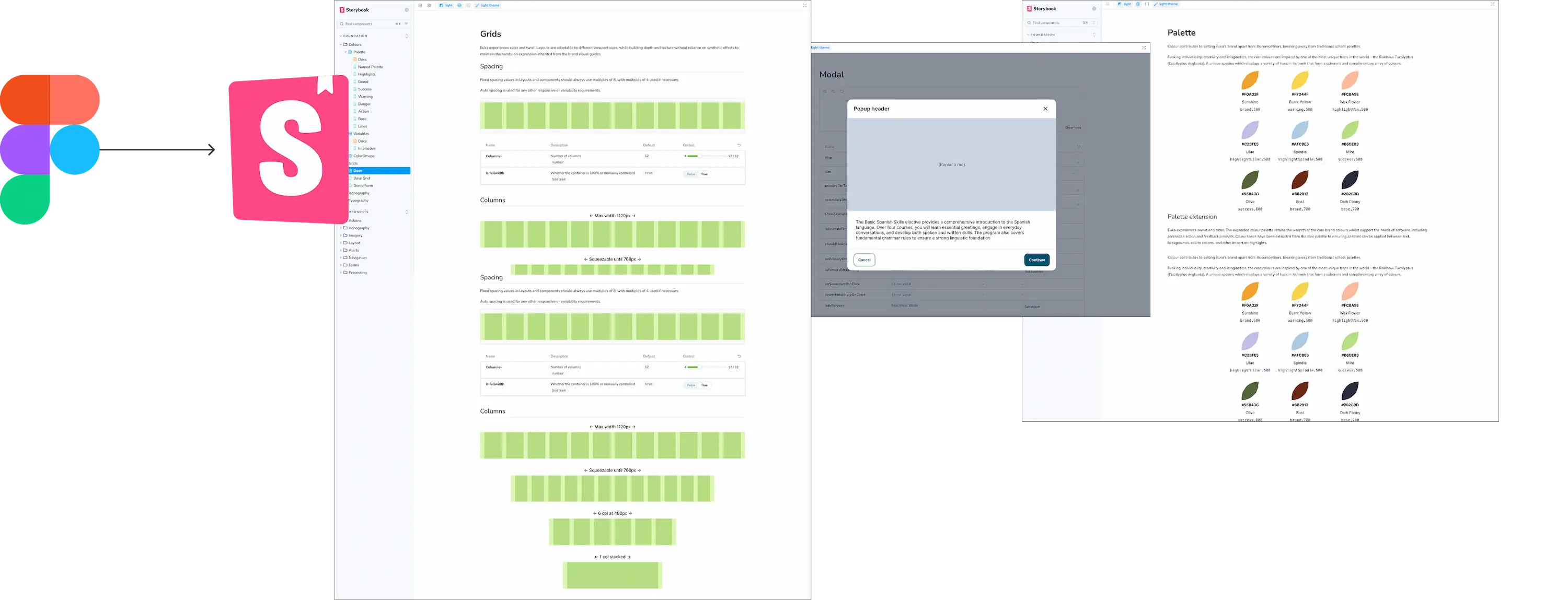 Screenshots of the Storybook UI Workshop which includes Euka Bark components.