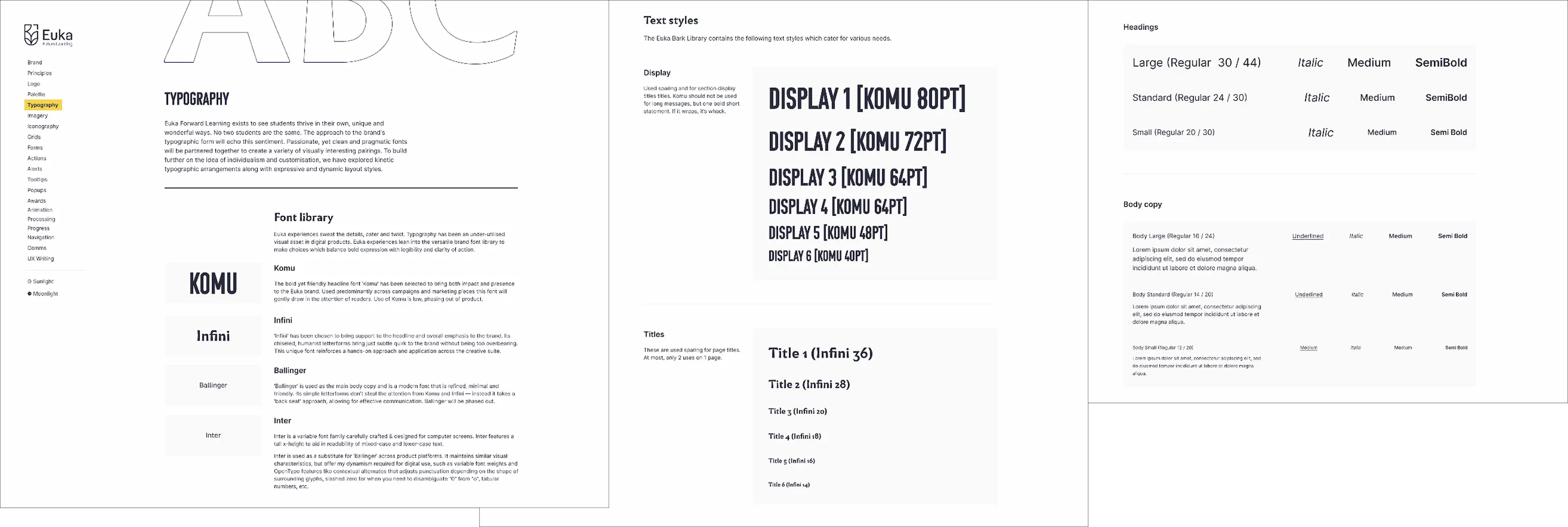 Screenshots from the typography pages from the Euka Bark Figma Library.
