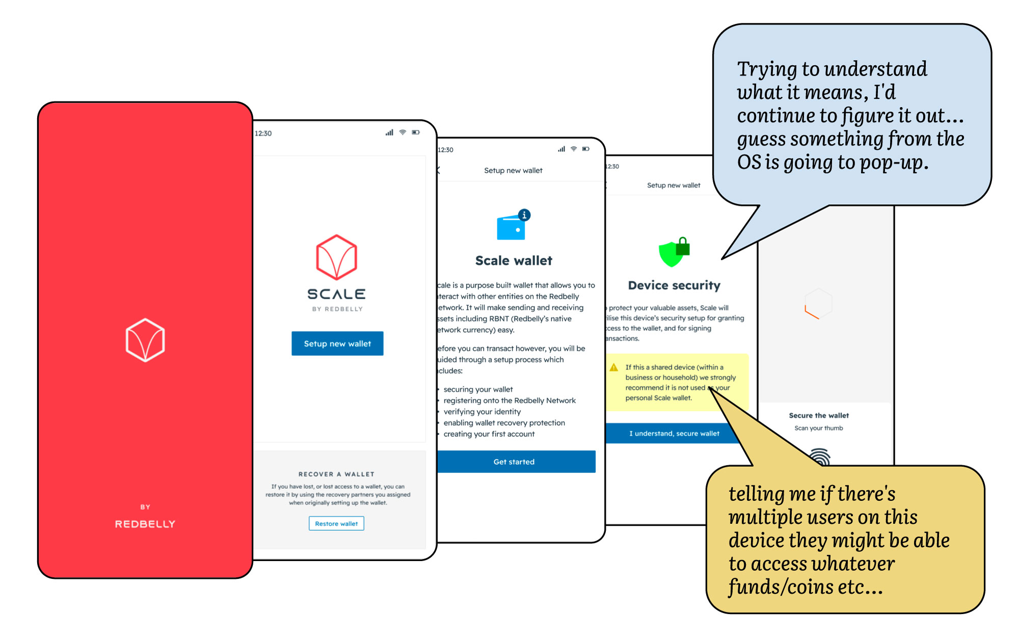 Screenshots with participant feedback about the onboarding experience overlayed.